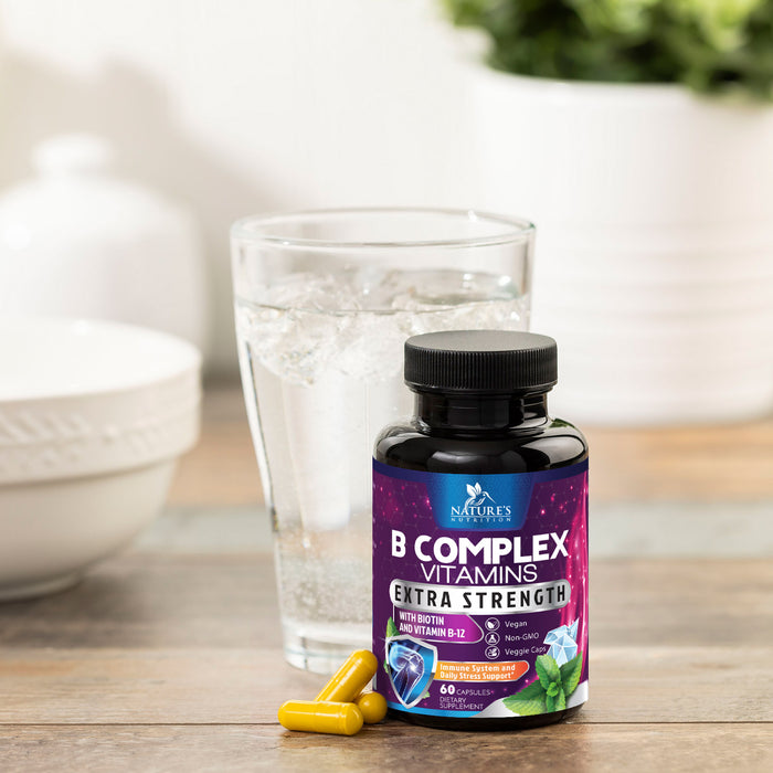 B Complex Vitamins Capsules with Vitamin B6 B12 B100 C Biotin Folate & Folic Acid - Supplement for Heart, Brain, & Nerve Support - Super Complete B-Complex for Immune & Energy Support - 60 Capsules