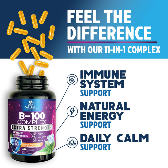 Vitamin B Complex with Vitamin C & Folic Acid - Dietary Supplement for Energy, Immune, & Brain Support - Nature's Super B Vitamin Complex for Women and Men, Made with Folate Capsules