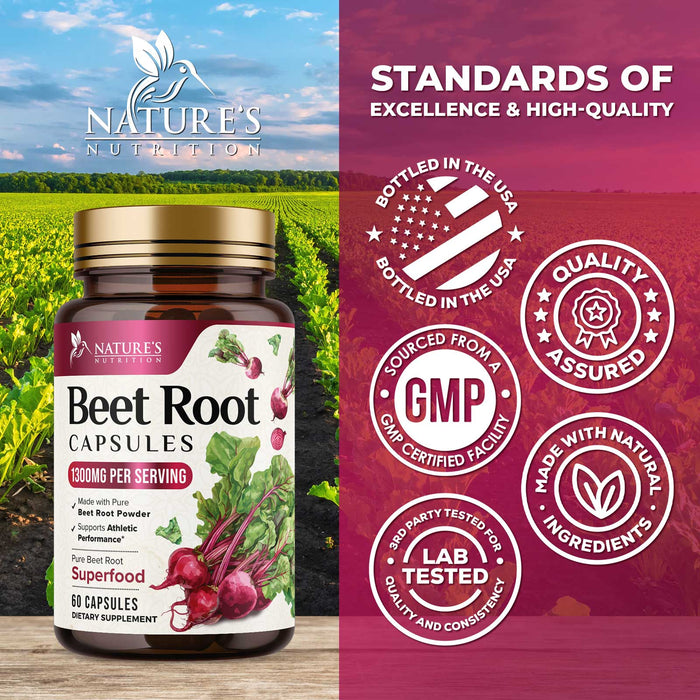 Beet Root Capsules 1300mg - Extra Strength Red Beetroot Powder Supplement – Supports Nitric Oxide Production, Heart Health & Natural Energy – Non-GMO, Vegan, Gluten Free – 60 Veggie Capsules
