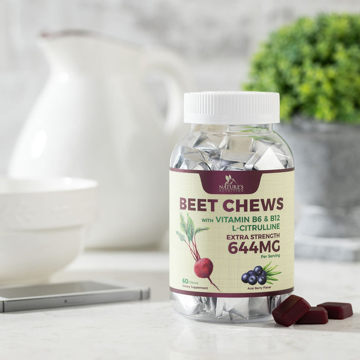 Beet Chews - Extra Strength Beet Root Chewables with Grape Seed Extract Supports Heart Health & Energy with Powerful Antioxidants - Nature's Beetroot Nitric Oxide Supplement - 60 Vegan Soft Chews