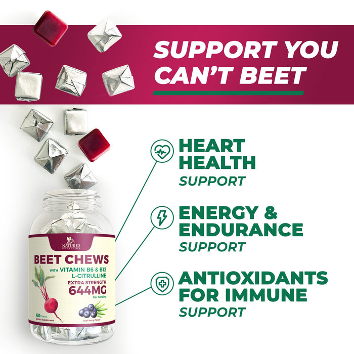 Beet Chews - Extra Strength Beet Root Chewables with Grape Seed Extract Supports Heart Health & Energy with Powerful Antioxidants - Nature's Beetroot Nitric Oxide Supplement - 60 Vegan Soft Chews
