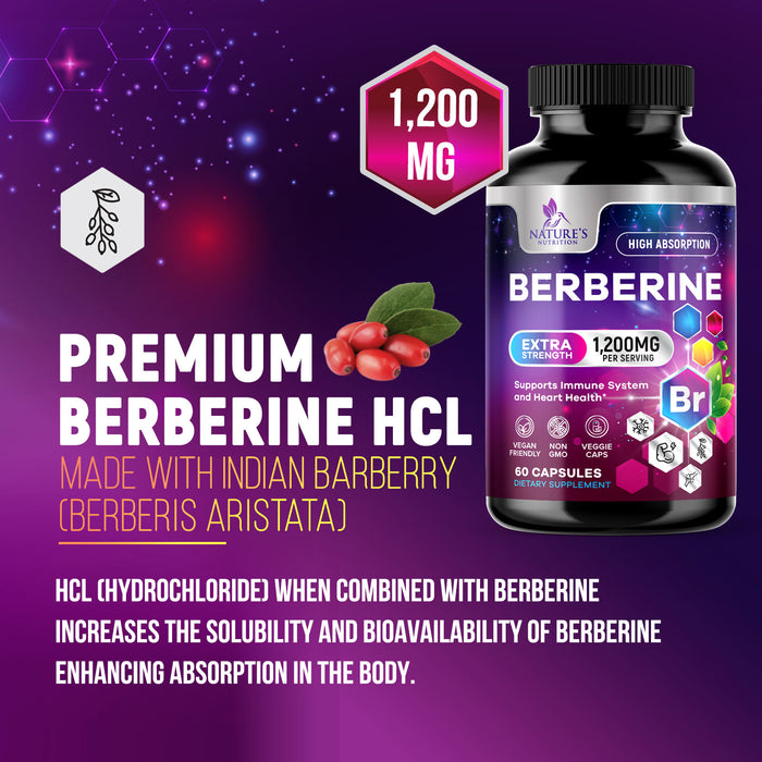 Nature's Nutrition Berberine Supplement 1200mg per Serving - High Absorption Heart Health Support & Immune Support - Berberine Plus - Berberine HCI Supplement Pills, Gluten-Free