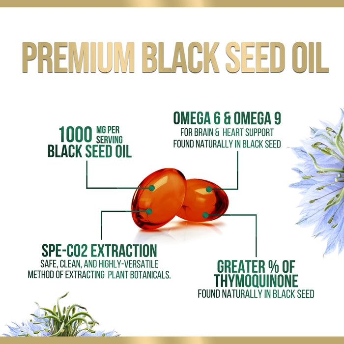 Black Seed Oil Softgels 1000mg - Premium Nigella Sativa Blackseed, Pure Natural Black Cumin Seed Oil & Antioxidant for Skin & Immune Support - Non GMO, Bottled in USA Supplement - 60 Softgels