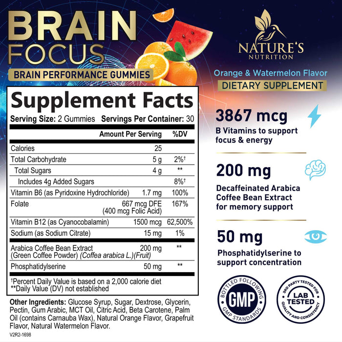 Brain Supplement Gummies for Focus & Memory Support - Nootropic Brain Vitamin Gummy to Support Concentration, Brain Health & Energy with B12, Phosphatidylserine, Brain Memory Supplements - 60 Gummies