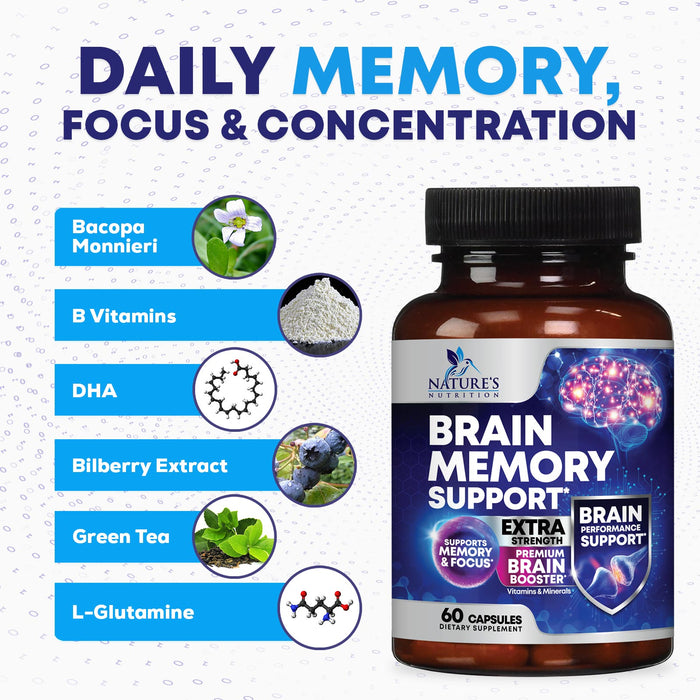 Nootropic Brain Supplement for Memory, Focus & Concentration - Cognitive Support Brain Booster Supplement with Phosphatidylserine & DMAE Bacopa - Brain Vitamins for Men & Women, Non-GMO