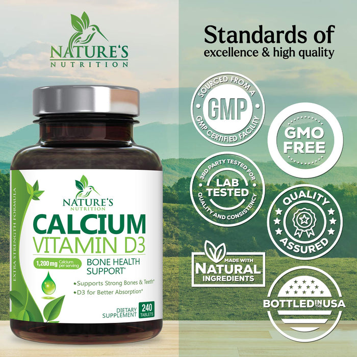 Calcium 1200 mg Plus Vitamin D3, Bone Health & Immune Support - Nature's Calcium Supplement with Extra Strength Vitamin D for Extra Strength Carbonate Absorption