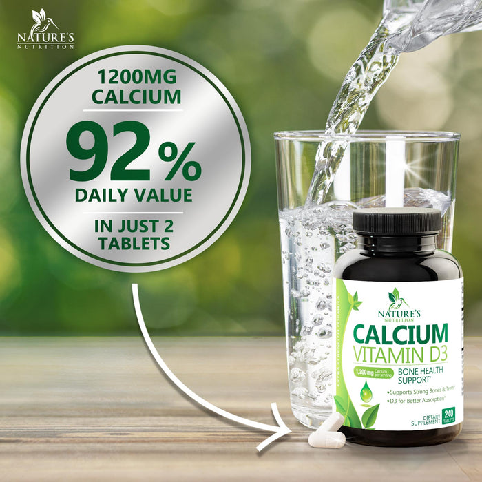 Calcium 1200 mg Plus Vitamin D3, Bone Health & Immune Support - Nature's Calcium Supplement with Extra Strength Vitamin D for Extra Strength Carbonate Absorption