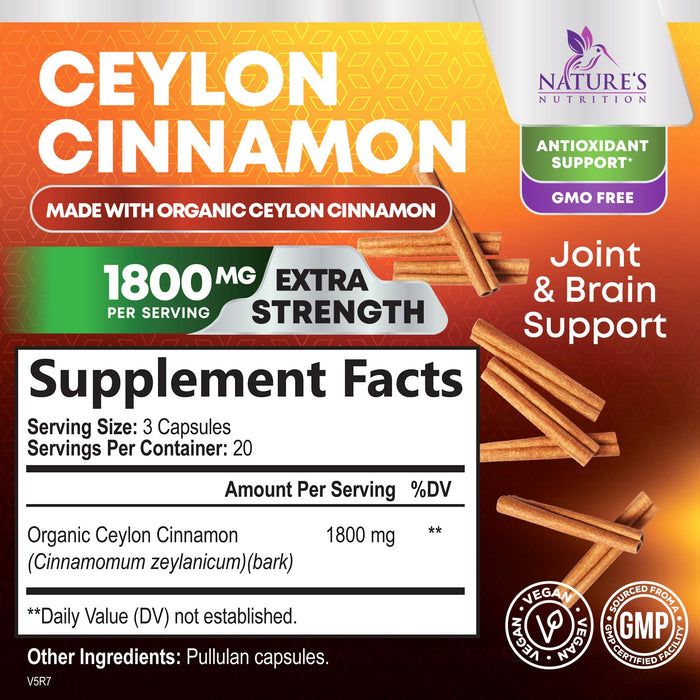 Pure Cinnamon Capsules, Certified Organic Ceylon Cinnamon Pills, Non-GMO, Gluten-Free, Dairy-Free, Sri Lanka Cinnamon Powder Supplement, Best Vegan True Cinnamomum Vitamins, Sugar Free