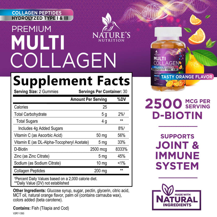 Collagen Gummies for Women with Vitamin C, Zinc & Biotin - Hydrolyzed Protein Type 1 & 3 Multi Collagen Peptides Supplement - Support for Hair, Skin, Nails & Joints, Gluten Free Complex - 60 Gummies