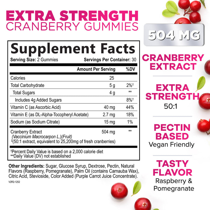 Nature's Nutrition Cranberry Urinary Tract Health Gummies + Vitamin C - 25,000mg - Triple Strength Cranberry Concentrate Extract Supplement Pills, Ultimate Potency, Non-GMO, Gluten Free