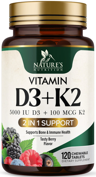 Nature's Nutrition Vitamin D3 K2 5000 iu of D-3 & 100mcg of Vitamin K-2 as MK-7, 2-1 Complex for Immune Support, Heart, Joint, Teeth & Bone Health Support, Non-GMO, Berry Flavor