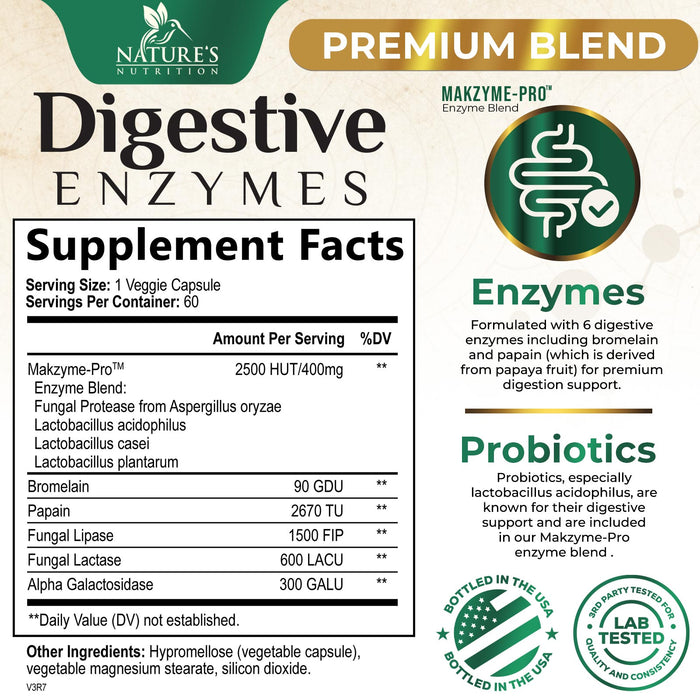 Nature's Nutrition Digestive Enzymes with Probiotics and Bromelain - Extra Strength Multi Enzyme Digestion Gut Health Support Supplement for Women and Men - Supports Gas and Bloating, Non-GMO