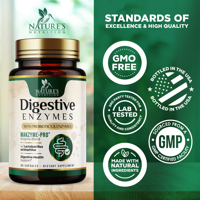 Nature's Nutrition Digestive Enzymes with Probiotics and Bromelain - Extra Strength Multi Enzyme Digestion Gut Health Support Supplement for Women and Men - Supports Gas and Bloating, Non-GMO