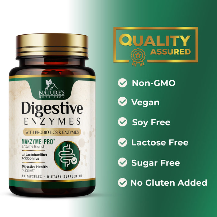 Nature's Nutrition Digestive Enzymes with Probiotics and Bromelain - Extra Strength Multi Enzyme Digestion Gut Health Support Supplement for Women and Men - Supports Gas and Bloating, Non-GMO