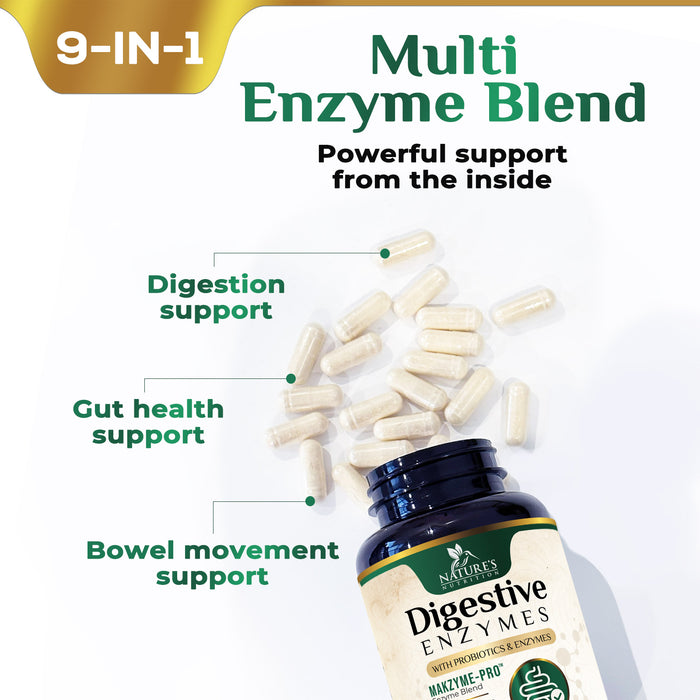 Nature's Nutrition Digestive Enzymes with Probiotics and Bromelain - Extra Strength Multi Enzyme Digestion Gut Health Support Supplement for Women and Men - Supports Gas and Bloating, Non-GMO