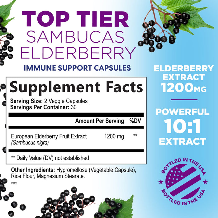 Elderberry Immune Support 10:1 Extract Capsules - Daily Immune Support Supplement for Adults, Natural Sambucus Black Elderberry Vitamins, Vegetarian Vitamin, Gluten Free