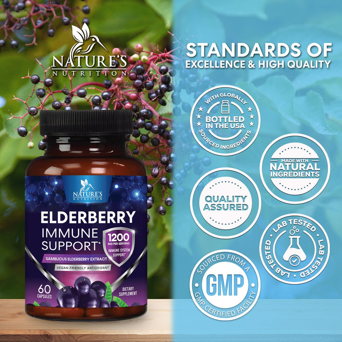 Elderberry Immune Support 10:1 Extract Capsules - Daily Immune Support Supplement for Adults, Natural Sambucus Black Elderberry Vitamins, Vegetarian Vitamin, Gluten Free