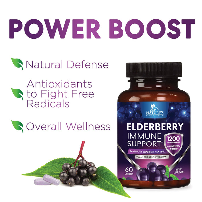 Elderberry Immune Support 10:1 Extract Capsules - Daily Immune Support Supplement for Adults, Natural Sambucus Black Elderberry Vitamins, Vegetarian Vitamin, Gluten Free
