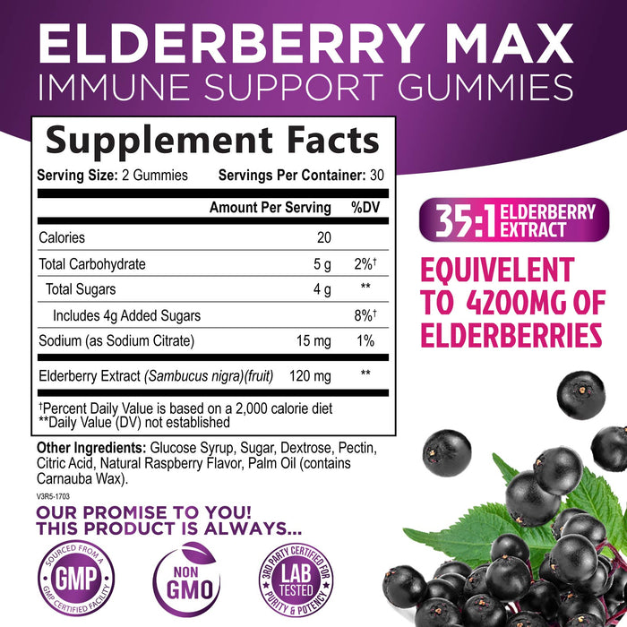 Nature’s Sambucus Elderberry Gummies, Immune Support for Kids and Adults, Max 35:1 Extract, Equivalent to 4200mg of Elderberries, Black Elderberry Vitamin Supplement, Vegan, Non-GMO
