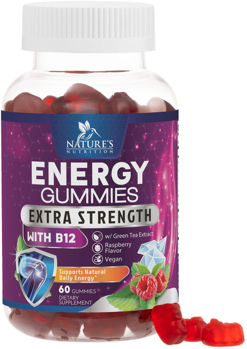 Energy Gummies Vitamin B12, Green Tea and Guarana Extract, Daily Energy Vitamin Supplement, Delicious Raspberry Flavor Gummy Chewable Supplement for Men and Women, Non-GMO and Vegan