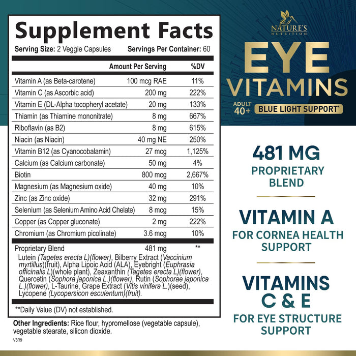 Nature's Nutrition Eye Vitamins with Lutein, Zeaxanthin, Bilberry & Zinc, Supports Eye Strain, Vision Health & Dryness for Adults with Vitamins C & E, Non-GMO, Vegan Eye Vitamin & Mineral Supplement