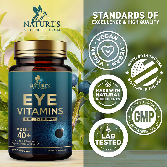 Nature's Nutrition Eye Vitamins with Lutein, Zeaxanthin, Bilberry & Zinc, Supports Eye Strain, Vision Health & Dryness for Adults with Vitamins C & E, Non-GMO, Vegan Eye Vitamin & Mineral Supplement