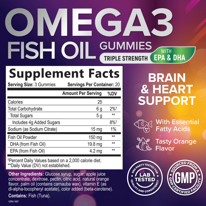 Omega 3 Fish Oil Gummies for Adults, Heart Healthy Omega 3 Supplement Gummies with DHA & EPA, Extra Strength Joint & Brain Support Omega3 Fish Oil Gummy Vitamin, Orange Flavor - 60 Fish Oil Gummies