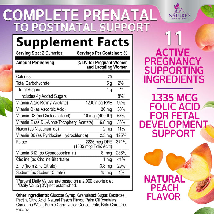 Nature's Nutrition Prenatal Multivitamin Gummy with Folic Acid, Prenatal Vitamins w/Folate, Choline, Vitamin A, C, D3, B12 & B6, Before, During & After Pregnancy Vitamins for Women