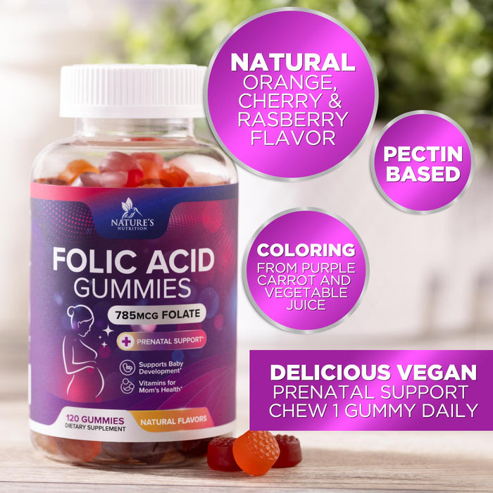Folic Acid Gummies for Women 400mcg, Essential Support for Mom and Baby, Extra Strength Prenatal Vitamins, Chewable Folate Nutrition Supplement for Before, During, and After Pregnancy