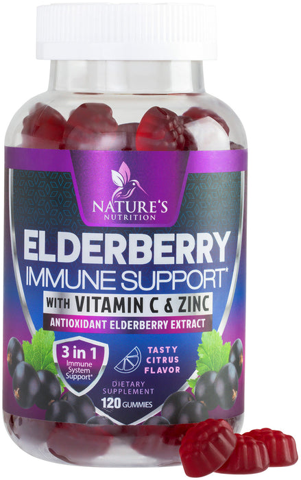 Immune Support Gummies - Powerful Elderberry, Zinc & Vitamin C Gummy, Max Potency Sambucus Black Elderberry Extract Natural Vegan Immune Support Supplement for Adults & Children