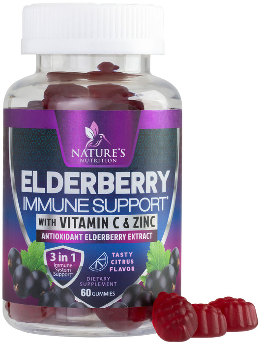 Immune Support Gummies - Powerful Elderberry, Zinc & Vitamin C Gummy, Max Potency Sambucus Black Elderberry Extract Natural Vegan Immune Support Supplement for Adults & Children