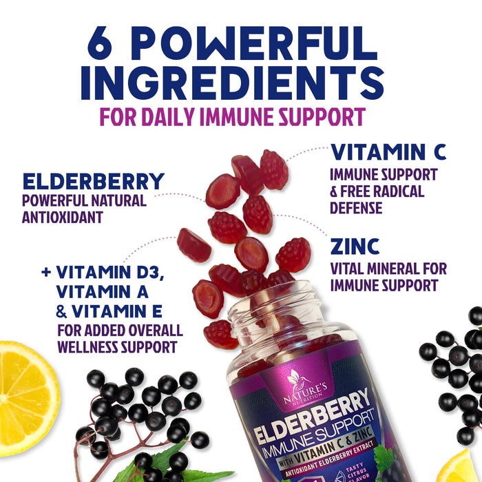 Immune Support Gummies - Powerful Elderberry, Zinc & Vitamin C Gummy, Max Potency Sambucus Black Elderberry Extract Natural Vegan Immune Support Supplement for Adults & Children