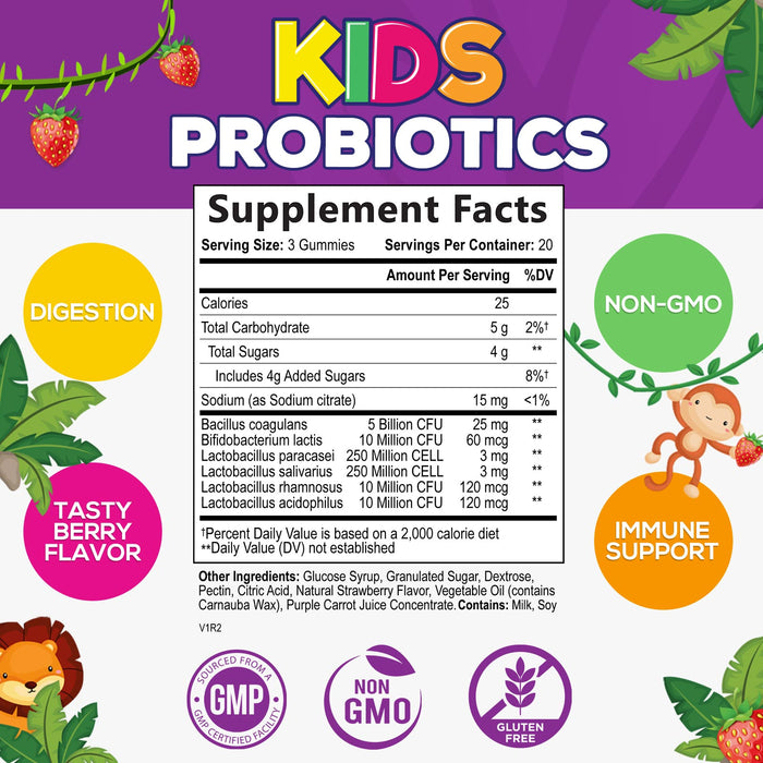 Probiotic for Kids Gummies - 5 Billion CFU with Lactobacillus & Bifidobacterium - Nature's Kids Probiotics Gummy - Digestive Health & Immune Support, Berry Flavor, Gluten & Dairy Free - 60 Gummies