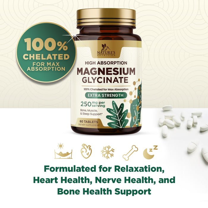 High Absorption Magnesium Glycinate Supplement, 250 mg, Best Magnesium Supplement 100% Chelated for Max Absorption