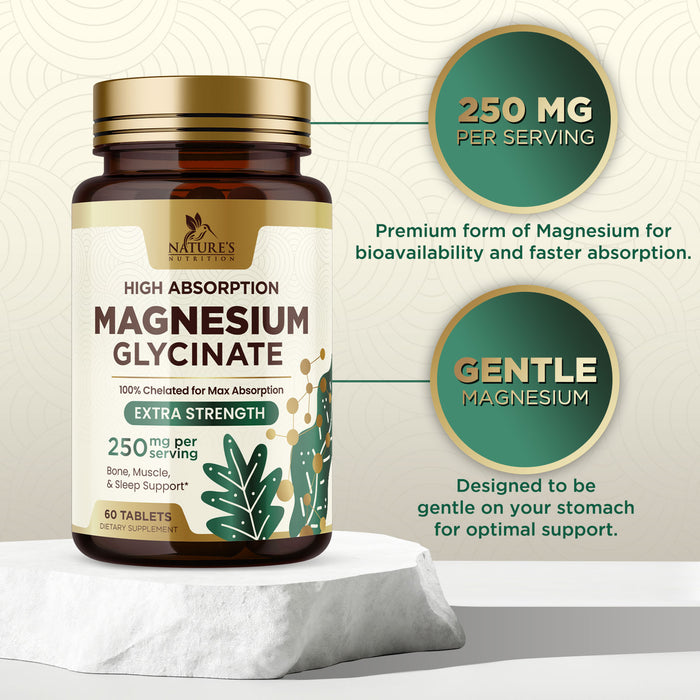 High Absorption Magnesium Glycinate Supplement, 250 mg, Best Magnesium Supplement 100% Chelated for Max Absorption