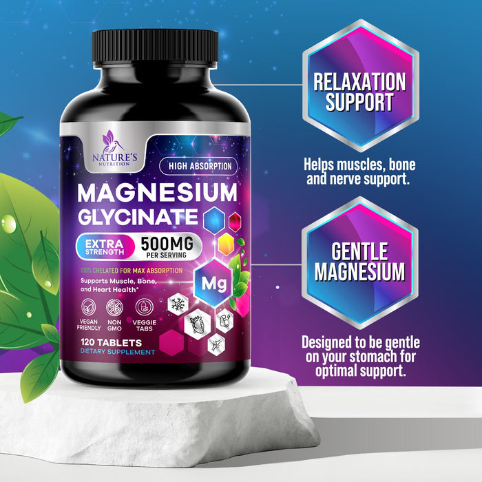 Magnesium Glycinate 425 mg with Calcium - Max Absorption Magnesium Tablets for Muscle, Nerve, Bone & Heart Health Support - Vegan, Non-GMO, Gluten Free Nature's Nutrition Supplement