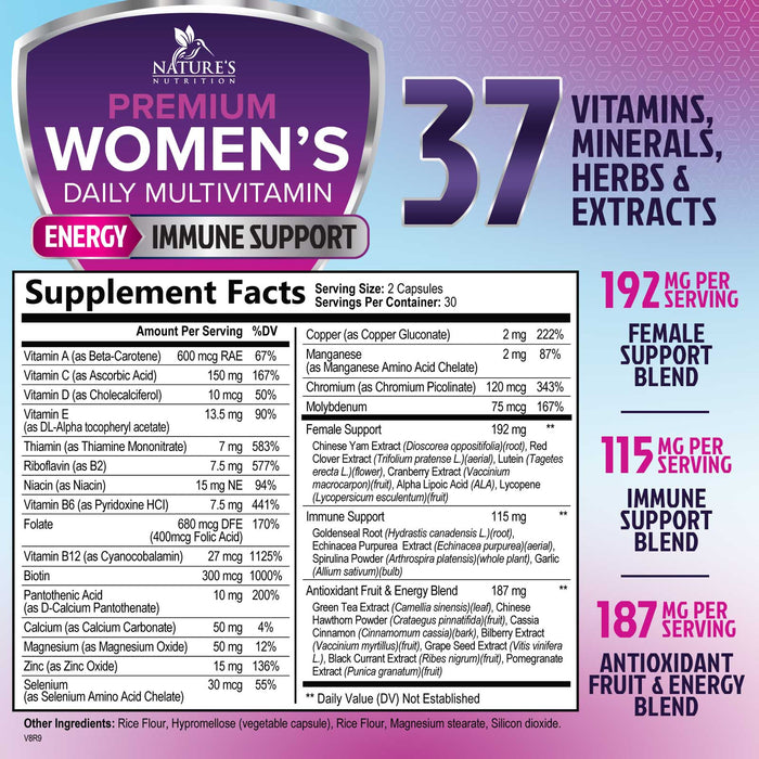Multivitamin for Women with Vitamins A, C, D, E, B6, B12, Zinc, Calcium & Magnesium, Womens Daily Multi Vitamin Multimineral Supplement for Bone Health, Energy & Immune Support, Non-GMO - 60 Capsules