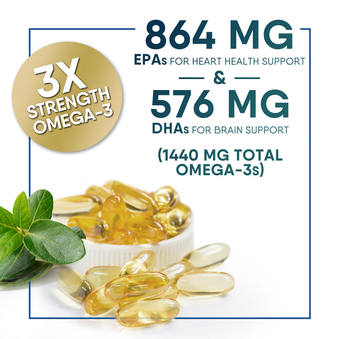 Omega 3 Fish Oil Supplement - Triple Strength Omega 3 Fish Oil Supplement with EPA & DHA - 1440 mg Omega-3 - Natural Support for Heart & Brain Health - Non-GMO, Lemon Flavor