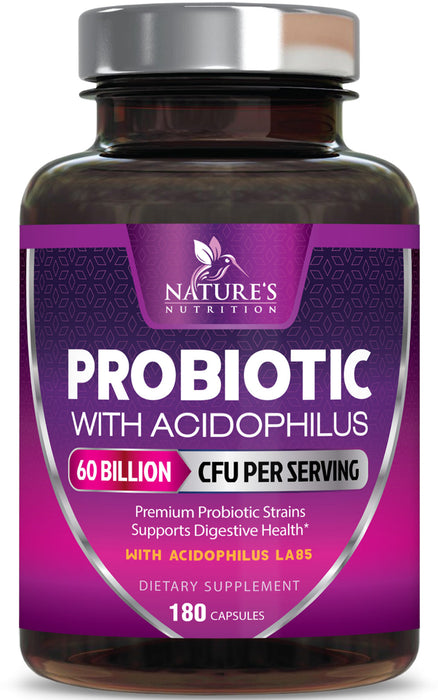 Probiotics, 60 Billion CFU per Serving, Probiotic with Prebiotics for Digestive & Immune Health Support for Women & Men - Nature's Supplement is Shelf Stable, Soy, Dairy & Gluten Free