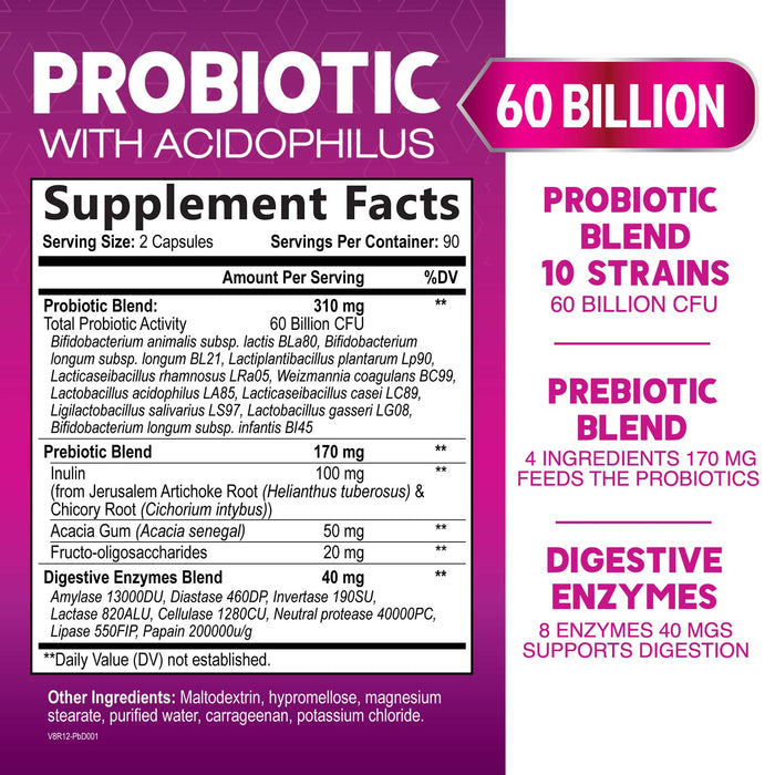 Probiotics, 60 Billion CFU per Serving, Probiotic with Prebiotics for Digestive & Immune Health Support for Women & Men - Nature's Supplement is Shelf Stable, Soy, Dairy & Gluten Free