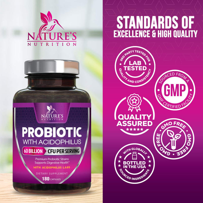 Probiotics, 60 Billion CFU per Serving, Probiotic with Prebiotics for Digestive & Immune Health Support for Women & Men - Nature's Supplement is Shelf Stable, Soy, Dairy & Gluten Free