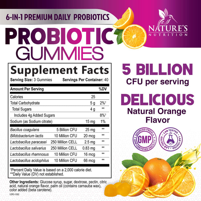 Nature's Nutrition Probiotics for Women & Men Gummy, Extra Strength 5 Billion CFU, Lactobacillus Acidophilus Daily Probiotic Supplement, Supports Immune & Digestive Health, Orange Flavor