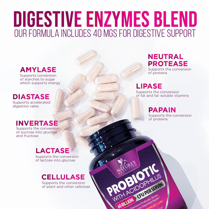Probiotics, 60 Billion CFU per Serving, Probiotic with Prebiotics for Digestive & Immune Health Support for Women & Men - Nature's Supplement is Shelf Stable, Soy, Dairy & Gluten Free