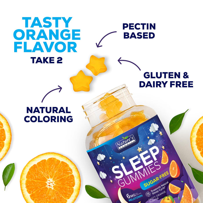 Nature's Gummies Sleep Gummies Sugar Free - Extra Strength 6mg Melatonin, Natural Sleeping Gummy for Adults and Kids, Orange Flavored, Vegan, Non-GMO, Sleep Vitamin Support Supplement