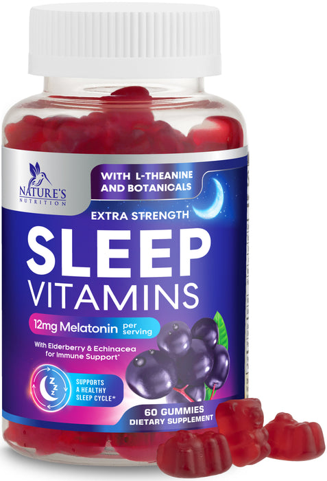 Sleep Vitamins - Fast Acting & Non-Habit Forming Sleep Gummy Supplement for Adults - Fall Asleep Naturally with 12mg Melatonin, Chamomile & Zinc, Restful Sleep & Muscle Support - 60 Gummies