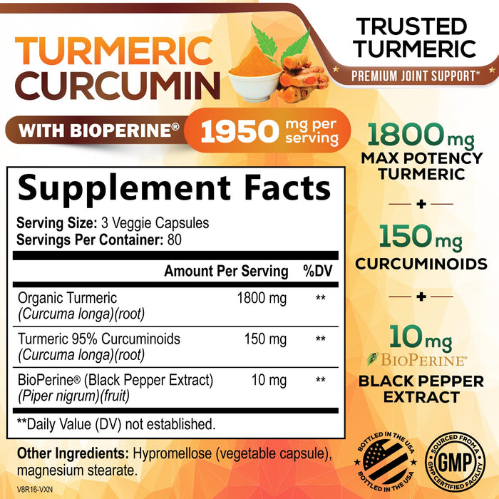 Turmeric Curcumin Supplement 1950mg - 95% Curcuminoids with Organic Turmeric & BioPerine Black Pepper Extract for Best Absorption, Nature's Vegan Joint Support, Non-GMO, Bottled in USA - 240 Capsules