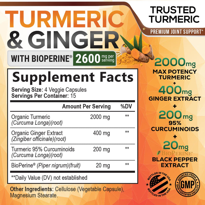 Turmeric Curcumin with BioPerine & Ginger 95% Standardized Curcuminoids 2600mg Black Pepper for Max Absorption Joint Support, Nature's Tumeric Herbal Extract Supplement, Vegan, Non-GMO