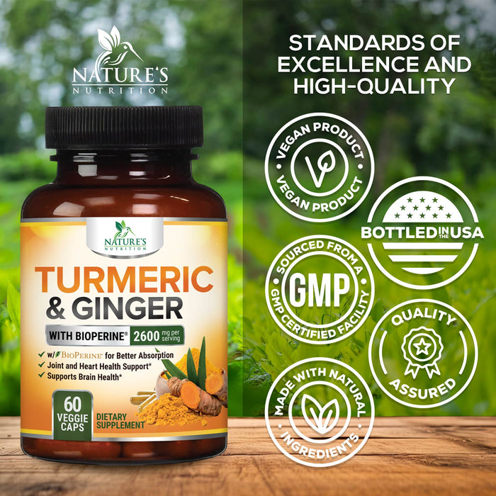 Turmeric Curcumin with BioPerine & Ginger 95% Standardized Curcuminoids 2600mg Black Pepper for Max Absorption Joint Support, Nature's Tumeric Herbal Extract Supplement, Vegan, Non-GMO