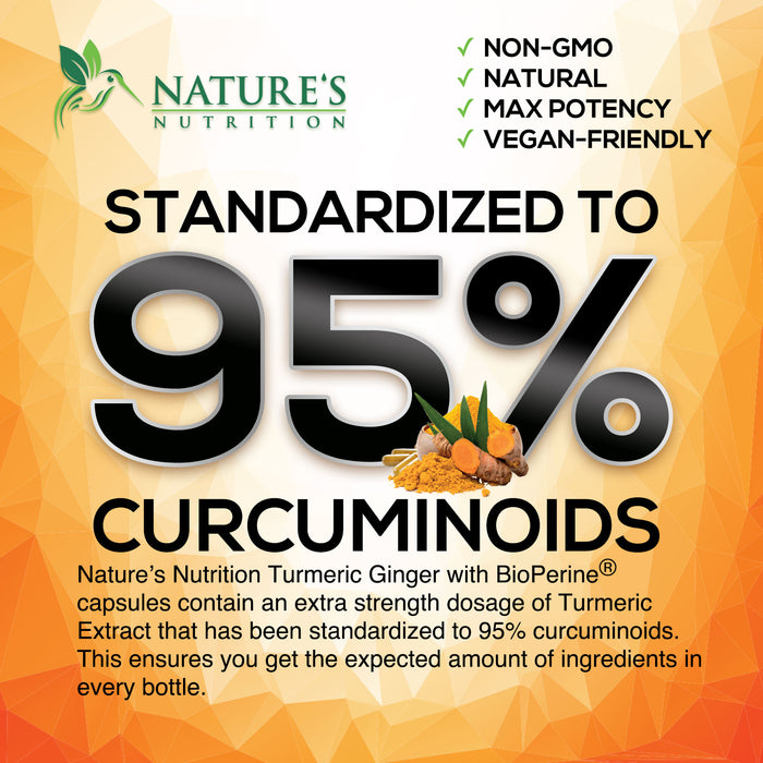 Turmeric Curcumin with BioPerine & Ginger 95% Standardized Curcuminoids 2600mg Black Pepper for Max Absorption Joint Support, Nature's Tumeric Herbal Extract Supplement, Vegan, Non-GMO