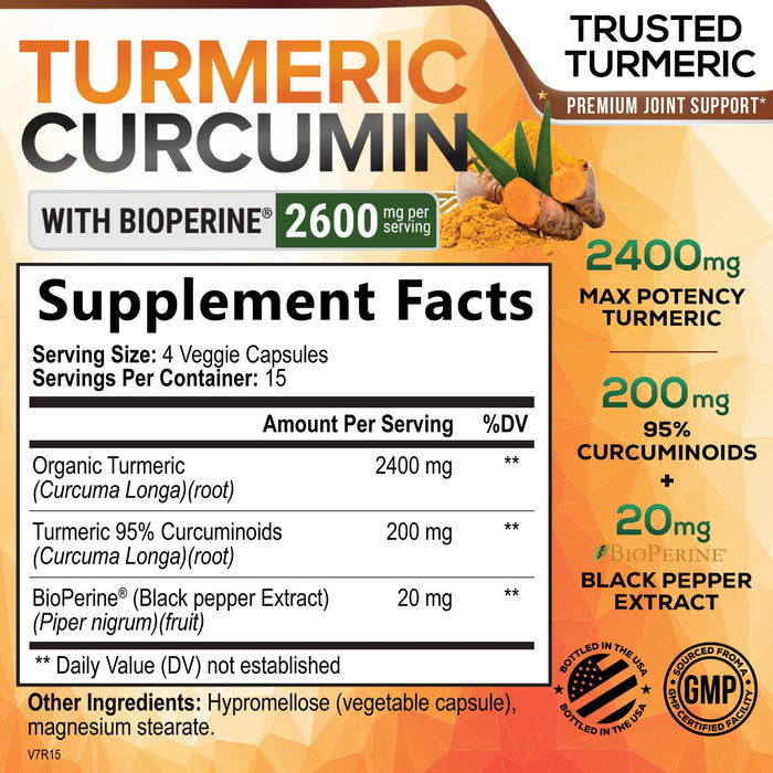 Turmeric Curcumin Supplement with BioPerine 95% Standardized Curcuminoids 2600mg - Black Pepper for Max Absorption, Vegan Joint Support, Nature's Tumeric Herbal Extract Vegan Non-GMO